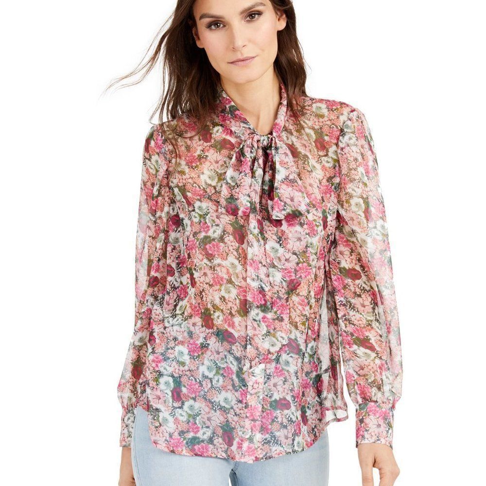 INC Sheer Bow-Tie Floral Print Blouse size Small in Pink - NEW